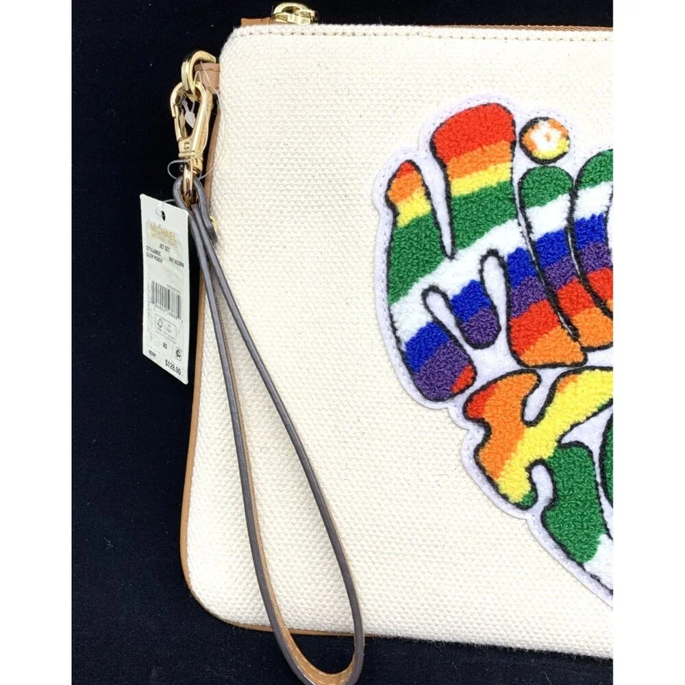 Michael Kors Large Logo Rainbow Pride Canvas Zip Pouch Heart MSRP $128 Natural - Picture 3 of 10